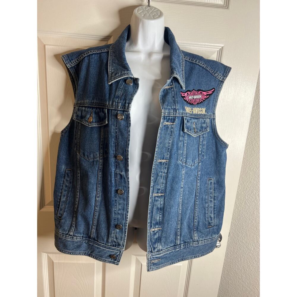 Harley-Davidson Women's Denim Motorcycle Vest w/Patches Blue ~ Size L